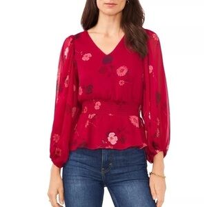 674 - 1 State NWT Pink Floral Polyester 3/4 Sleeve Rouched Waist Top, Size Small